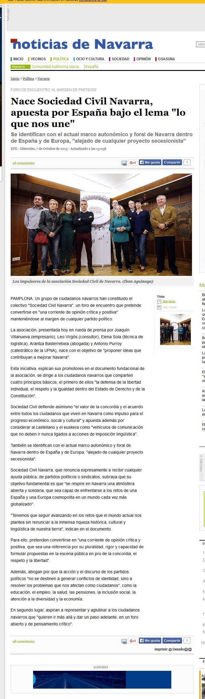 Diario de Noticias de Navarra: Nace Sociedad Civil Navarra, apuesta por España bajo el lema «lo que nos une»