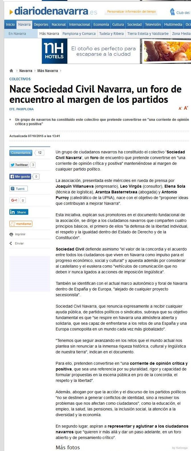 Diario de Navarra: Nace Sociedad Civil Navarra, un foro de encuentro al margen de los partidos