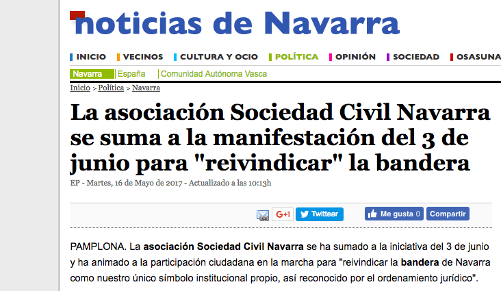 La asociación Sociedad Civil Navarra se suma a la manifestación del 3 de junio para «reivindicar» la bandera