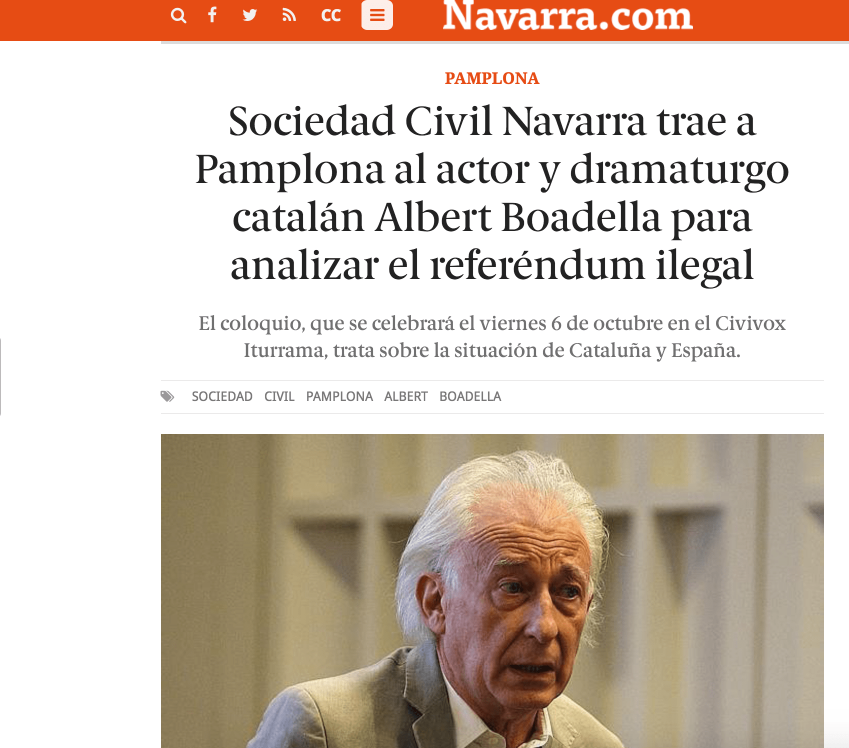 Sociedad Civil Navarra trae a Pamplona al actor y dramaturgo catalán Albert Boadella para analizar el referéndum ilegal