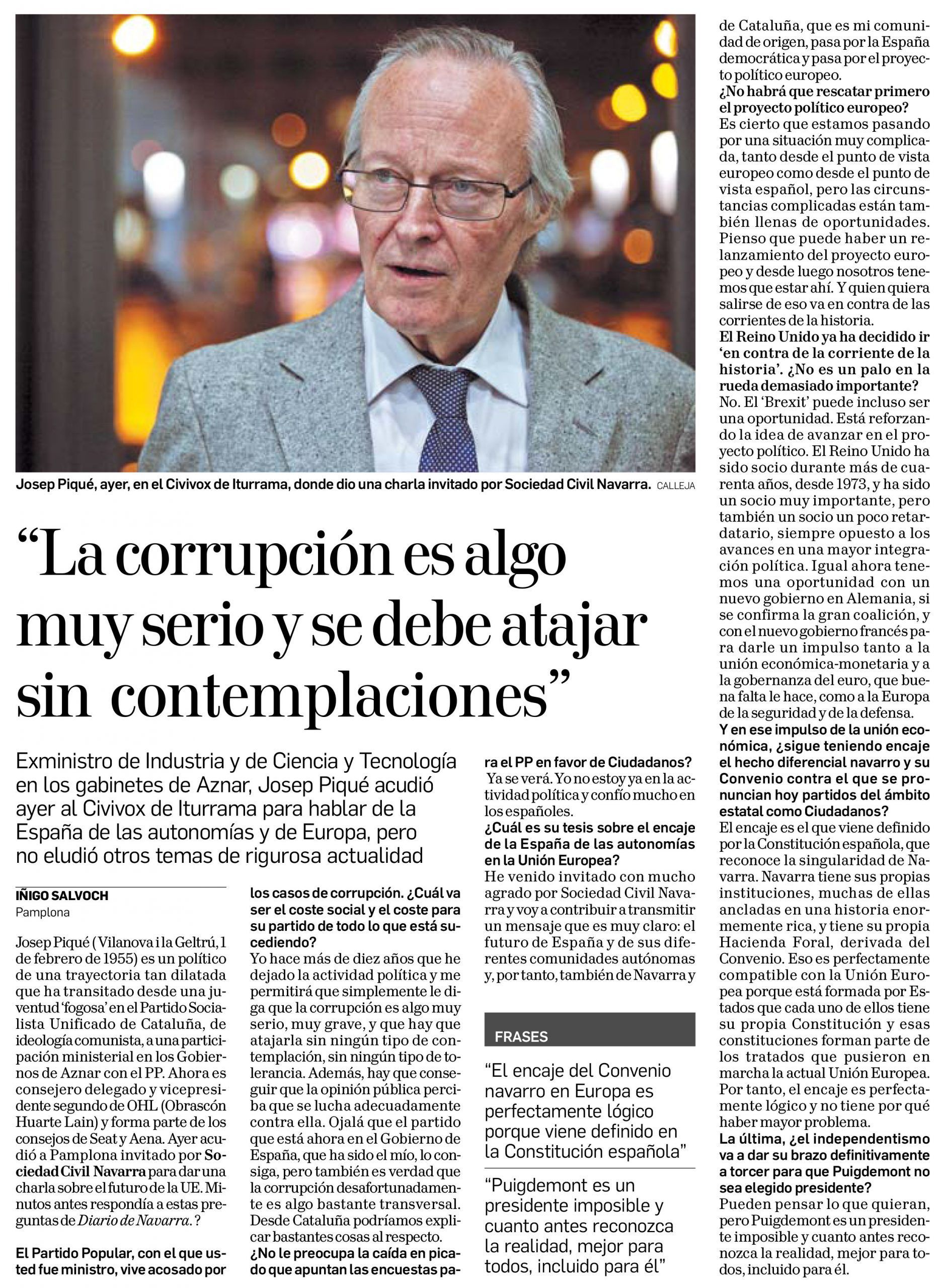 “El encaje del Convenio navarro en Europa es perfectamente lógico porque viene definido en la Constitución española”
