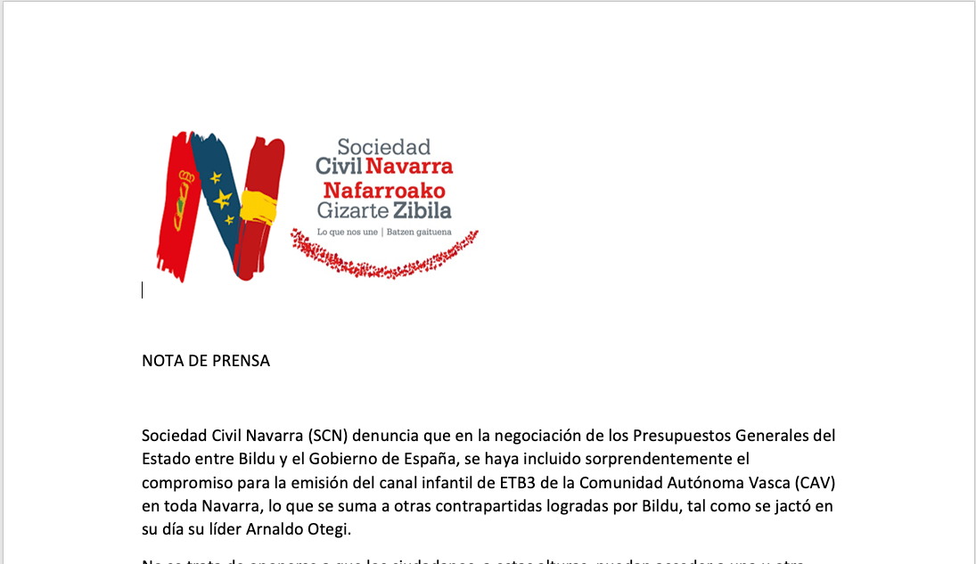 NOTA DE PRENSA: Contrapartidas al apoyo presupuestario de Bildu.