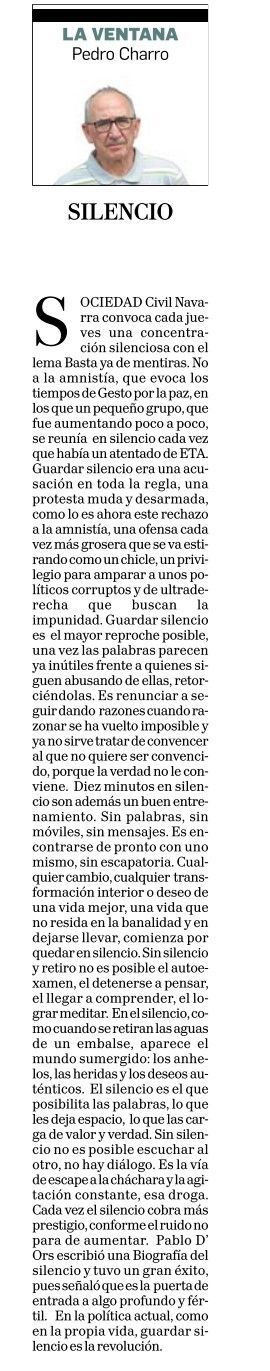 «Silencio»: Artículo en Diario de Navarra de Pedro Charro