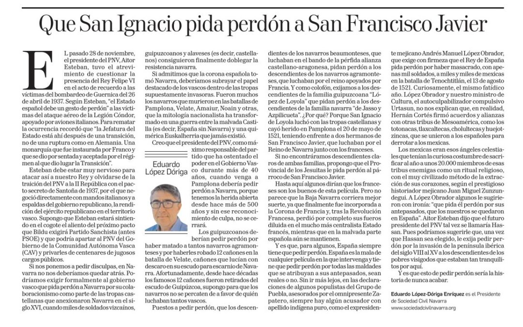 Artículo DN: «Que San Ignacio pida perdón a San Francisco Javier»